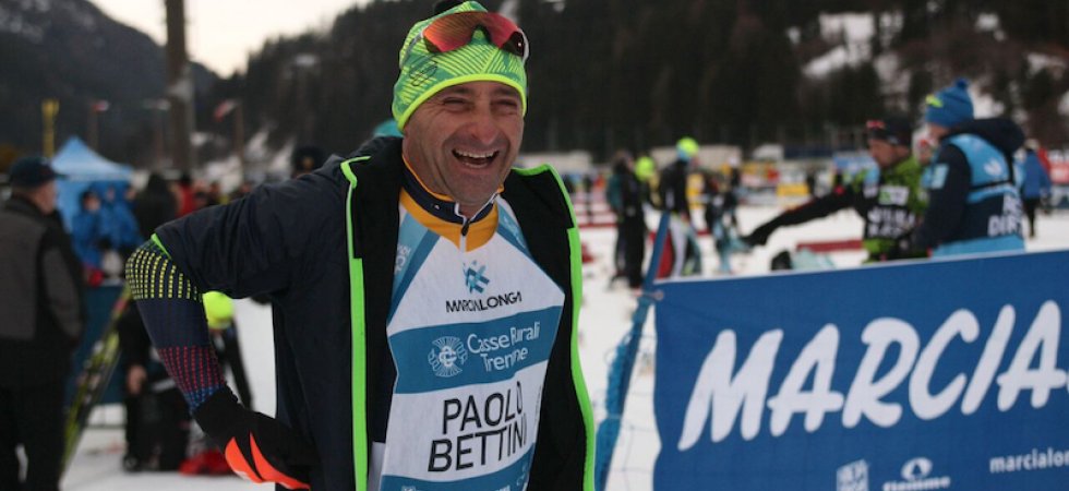 Il ct Paolo Bettini al via del raduno sci alpinistico in notturna in Val di Peio-Ai piedi del Vioz